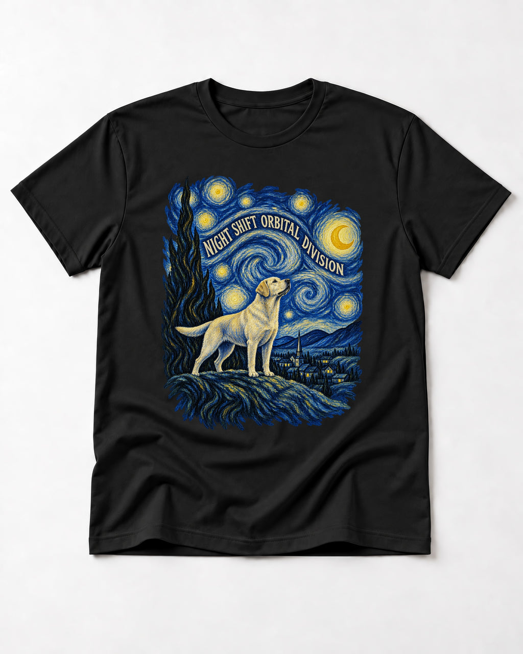 Labrador Retriever Night Shift Orbital Division Starry Night Graphic T-Shirt in Black, flat lay product photo