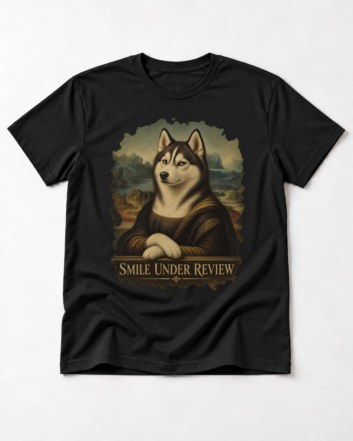 Husky Smile Under Review Renaissance Portrait Graphic T-Shirt in Black, flat lay product photo