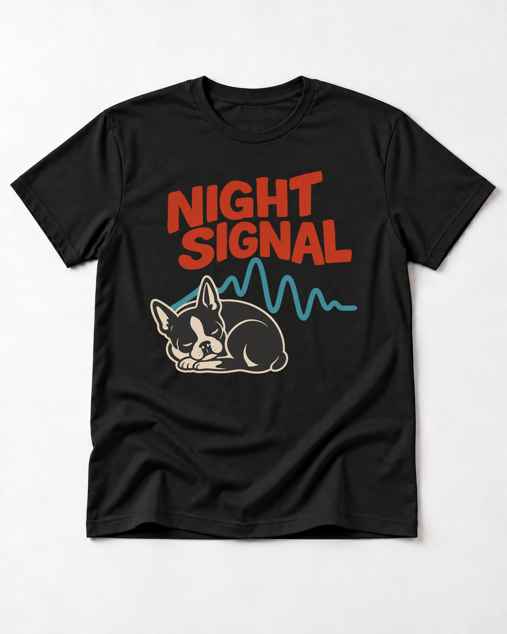Boston Terrier Sleeping Night Signal T-Shirt in Black, flat lay product photo