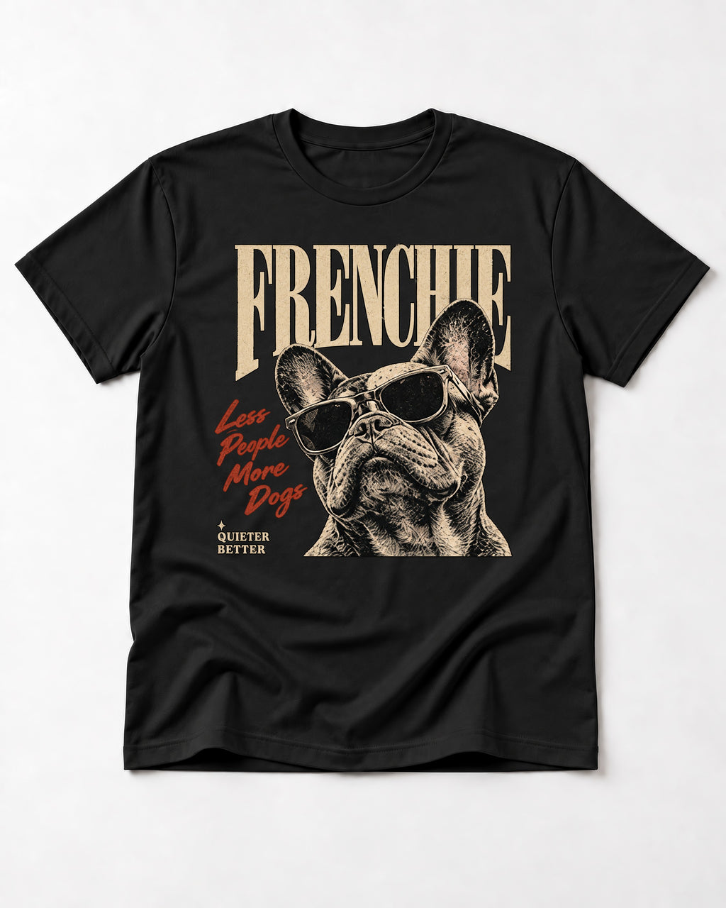 Frenchie Less People More Dogs Sunglasses Graphic T-Shirt in Black, flat lay product photo