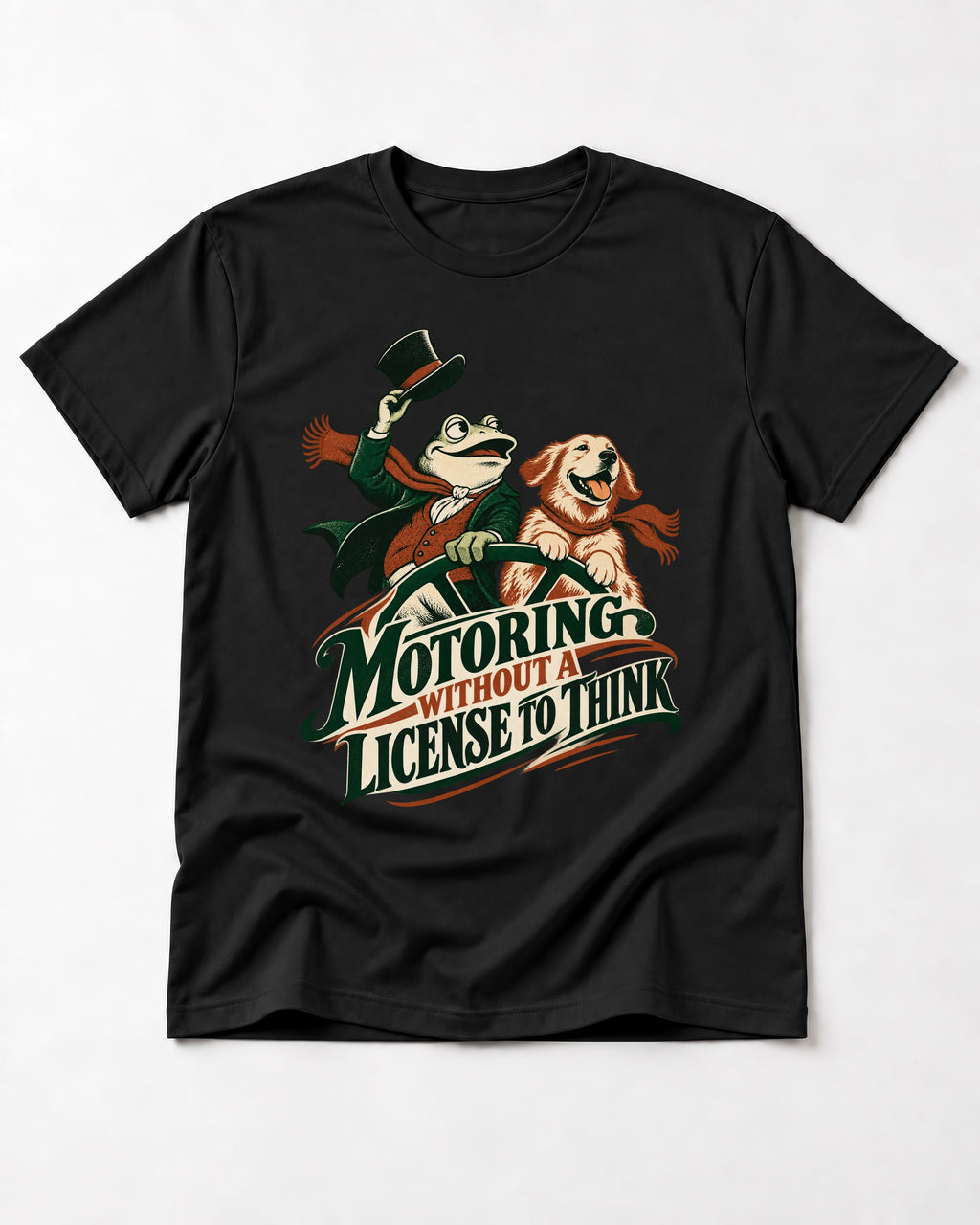 Golden Retriever Motoring Without a License to Think Driving Graphic T-Shirt in Black, flat lay product photo