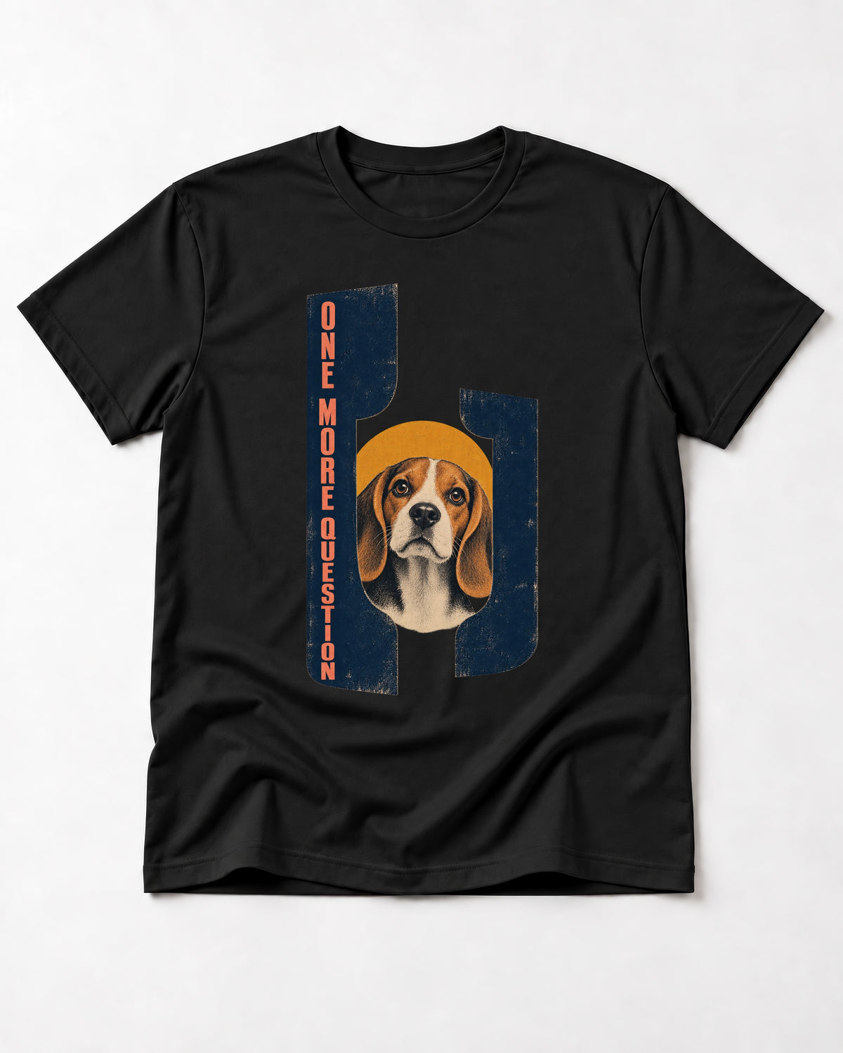 Beagle Has One More Question T-Shirt in Black, flat lay product photo