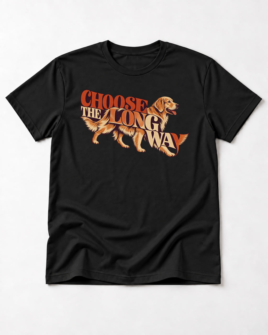 Golden Retriever Choose The Long Way Retro Graphic T-Shirt in Black, flat lay product photo