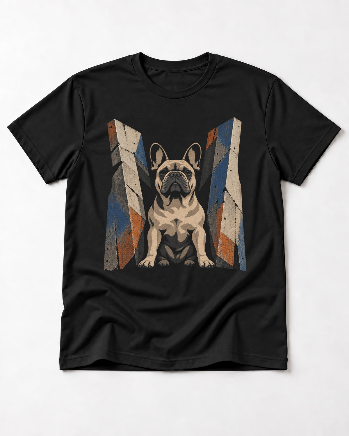 Frenchie Concrete Diplomat Barrier Portrait T-Shirt in Black, flat lay product photo