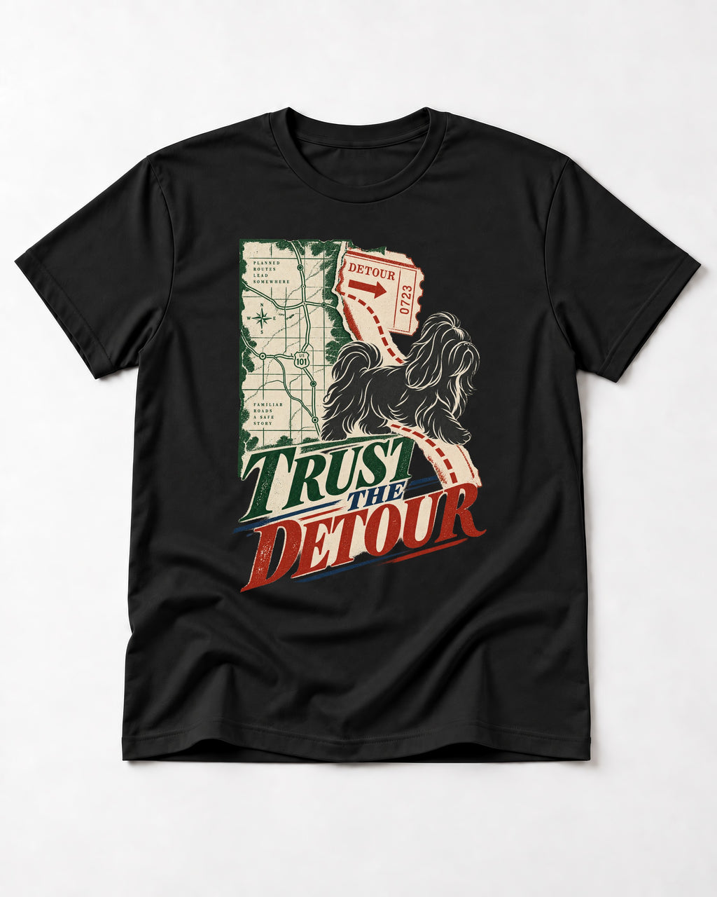 Shih Tzu Trust the Detour Road Map Graphic T-Shirt in Black, flat lay product photo