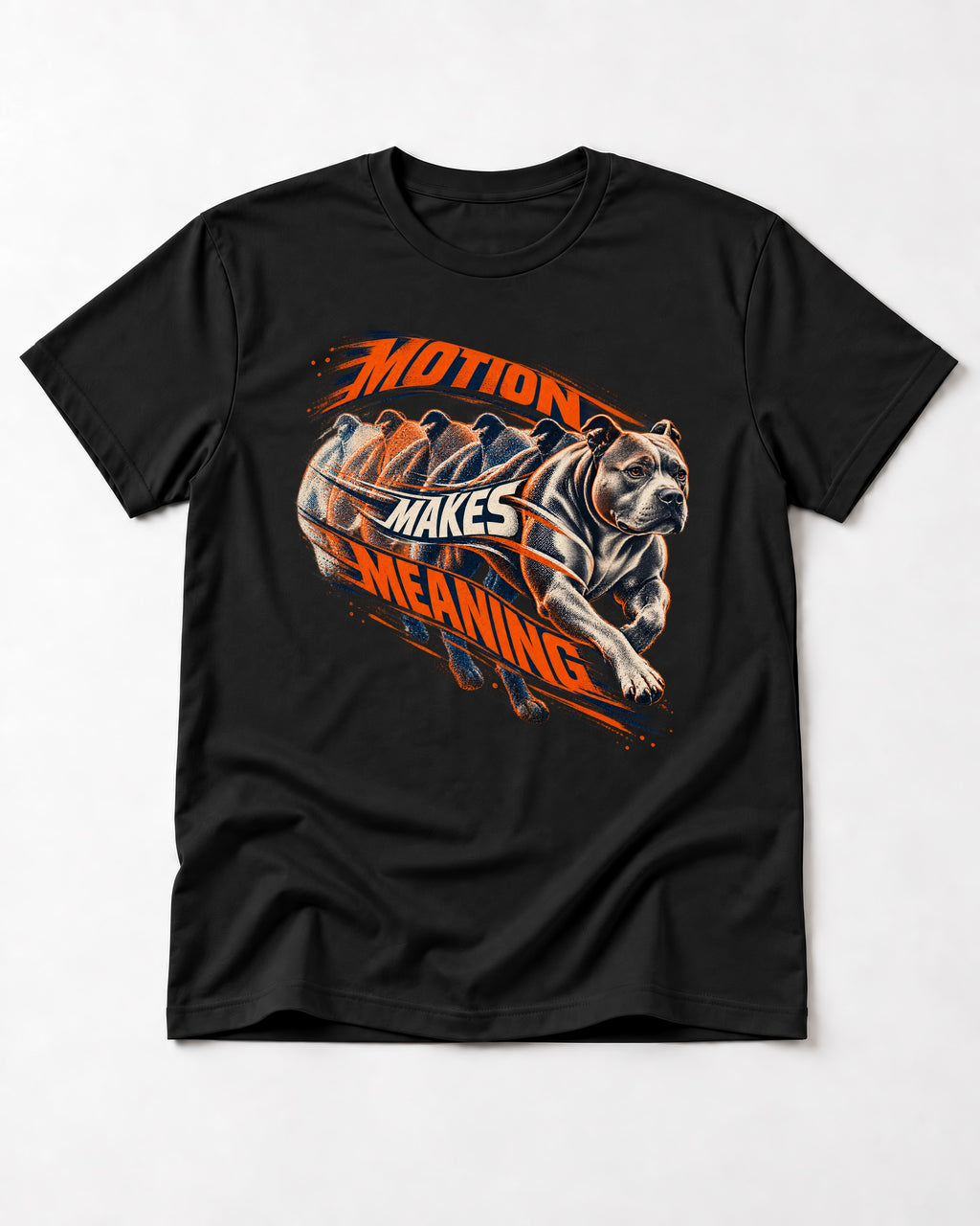 Pitbull Motion Makes Meaning Running Dog Graphic T-Shirt in Black, flat lay product photo