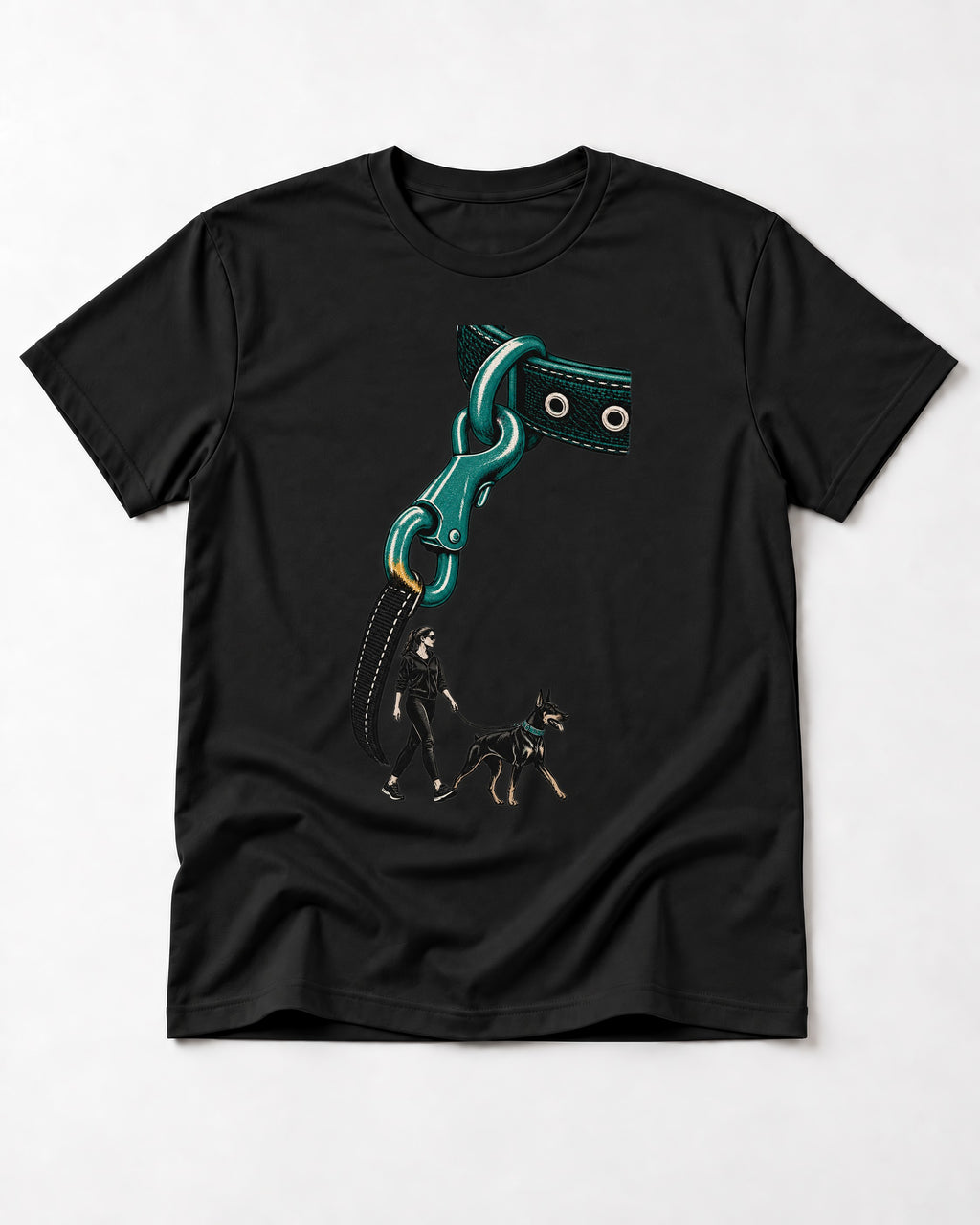 Doberman Oversized Leash Hardware Walk Graphic T-Shirt in Black, flat lay product photo
