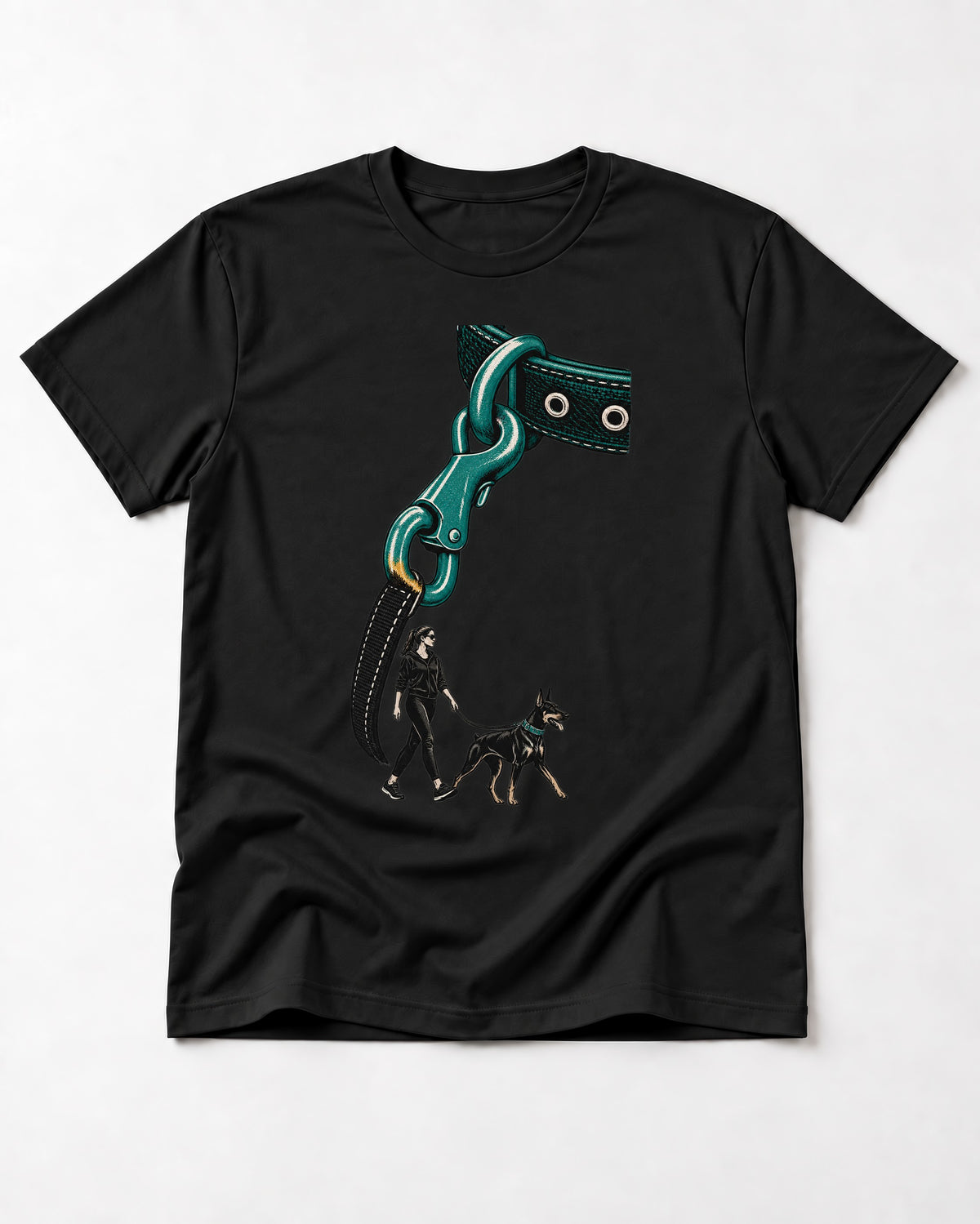 Doberman Oversized Leash Hardware Walk Graphic T-Shirt in Black, flat lay product photo