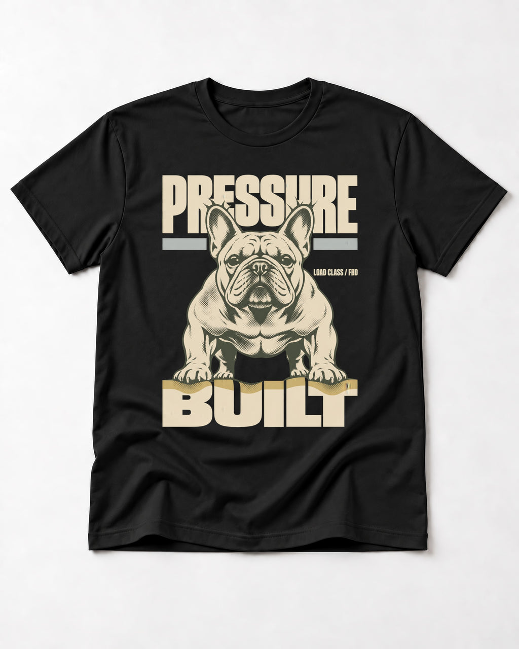 Frenchie Pressure Built Load Class Graphic T-Shirt in Black, flat lay product photo