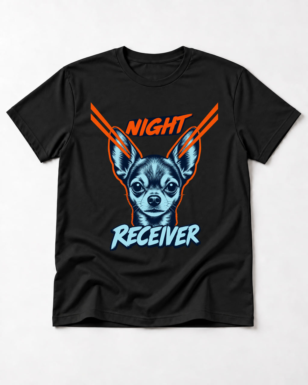Chihuahua Night Receiver Signal Portrait Graphic T-Shirt in Black, flat lay product photo