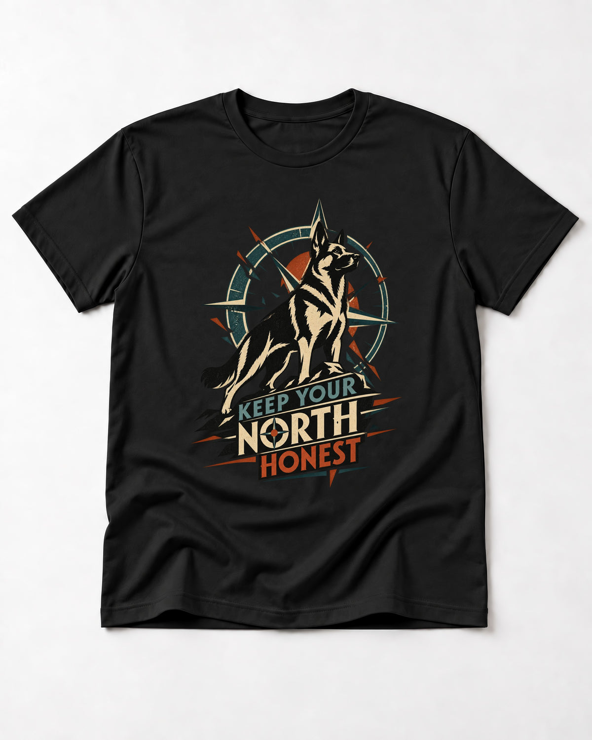 Keep Your North Honest Compass German Shepherd Dog Graphic T-Shirt in Black, flat lay product photo