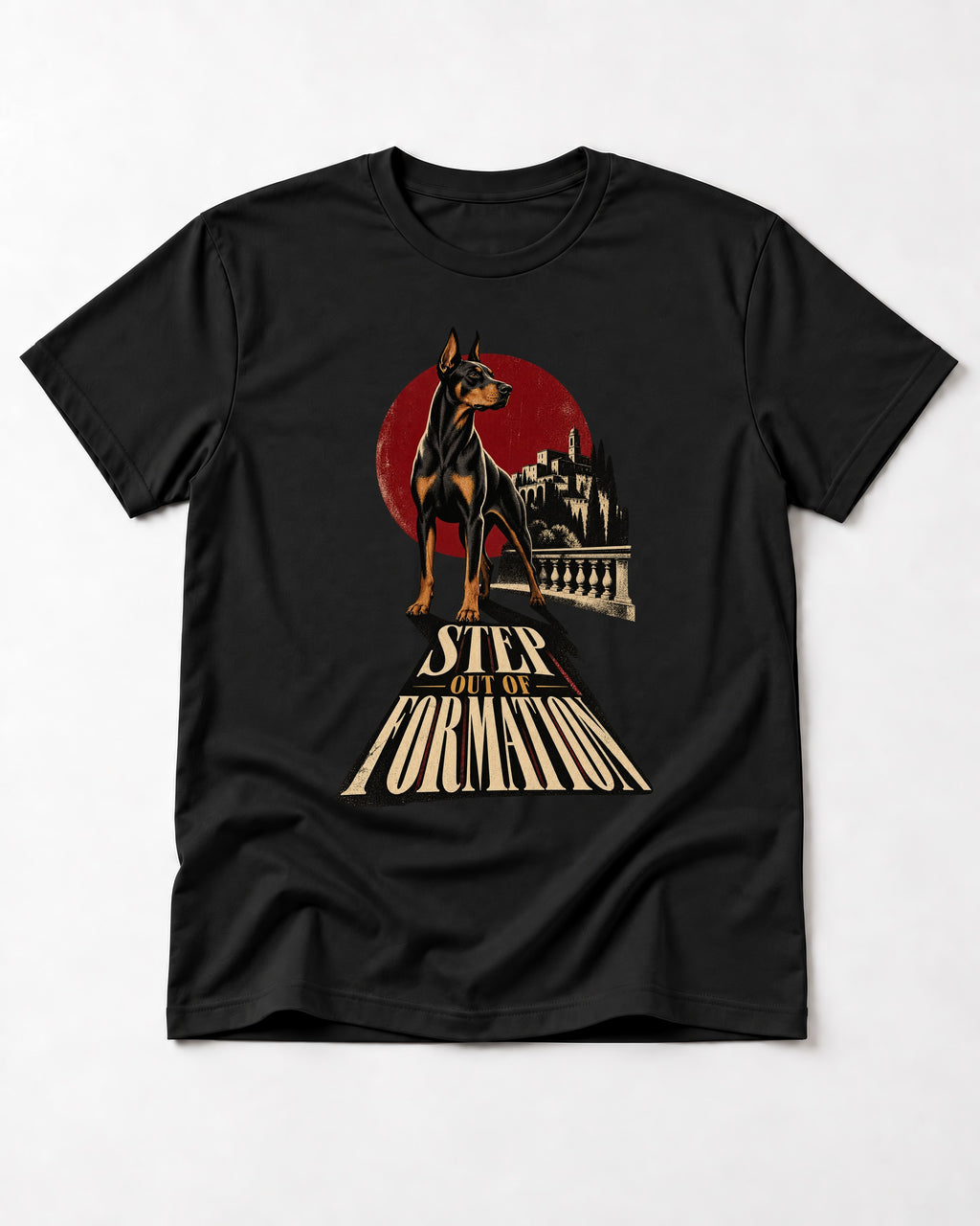 Doberman Step Out of Formation Road Vista Graphic T-Shirt in Black, flat lay product photo