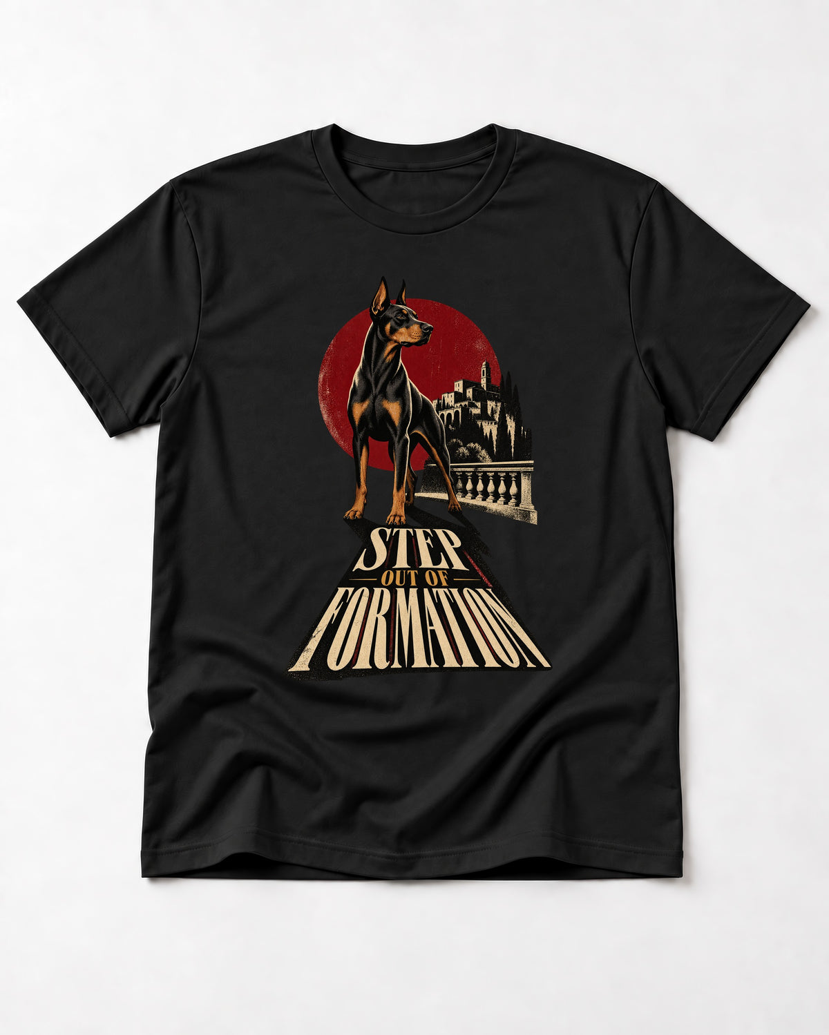 Doberman Step Out of Formation Road Vista Graphic T-Shirt in Black, flat lay product photo