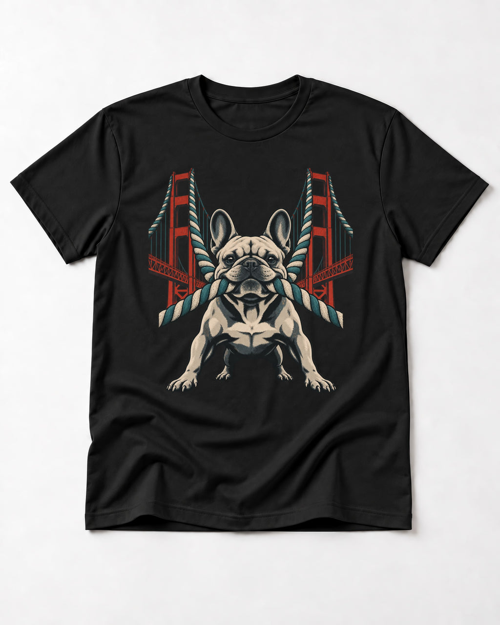 Frenchie Tug Anchor Bridge Graphic T-Shirt in Black, flat lay product photo