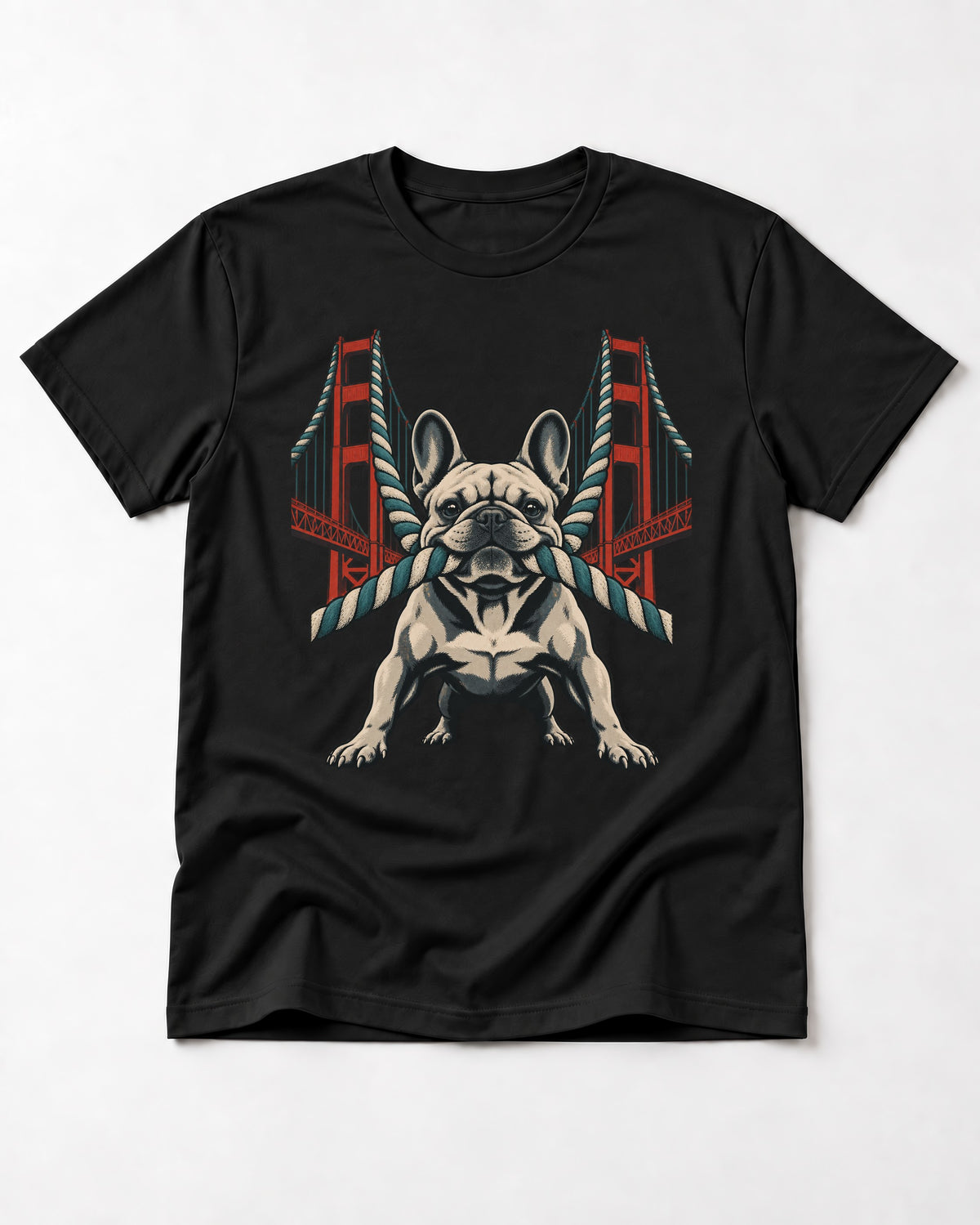 Frenchie Tug Anchor Bridge Graphic T-Shirt in Black, flat lay product photo