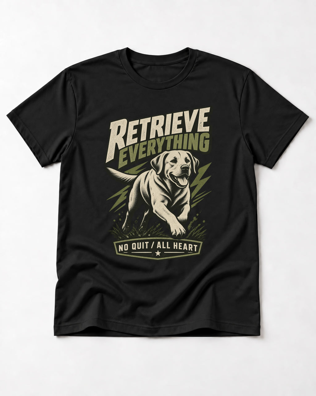 Labrador Retriever Retrieve Everything No Quit All Heart Running Graphic T-Shirt in Black, flat lay product photo