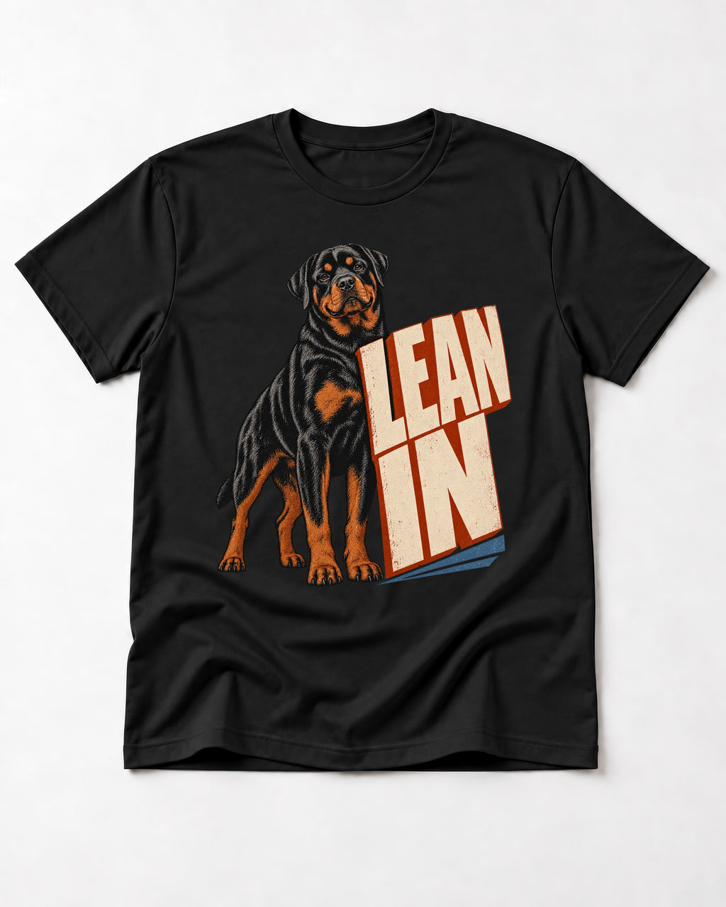 Rottweiler Lean In Block Typography Graphic T-Shirt in Black, flat lay product photo