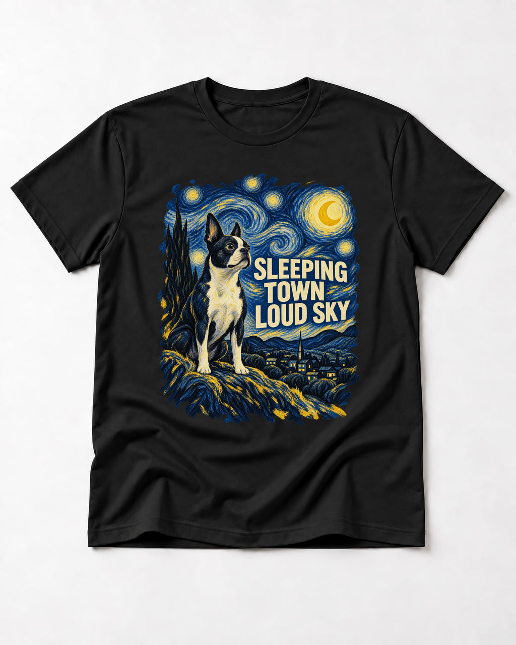 Sleeping Town Loud Sky Boston Terrier Starry Night T-Shirt in Black, flat lay product photo