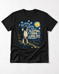 Sleeping Town Loud Sky Boston Terrier Starry Night T-Shirt in Black, flat lay product photo