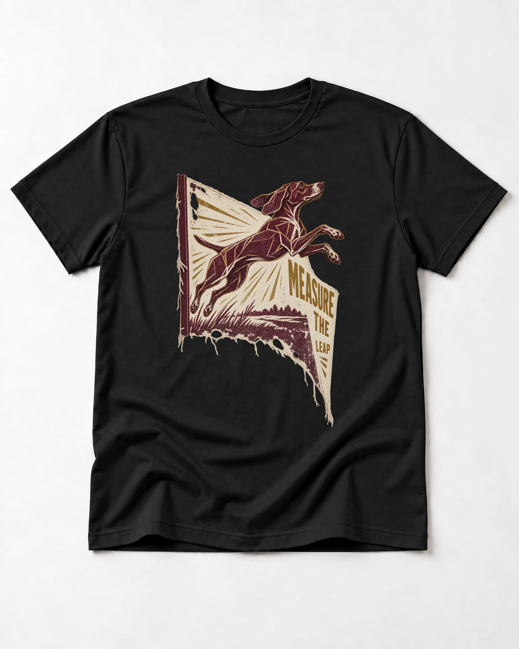 German Shorthaired Pointer Measure the Leap Torn Banner Graphic T-Shirt in Black, flat lay product photo