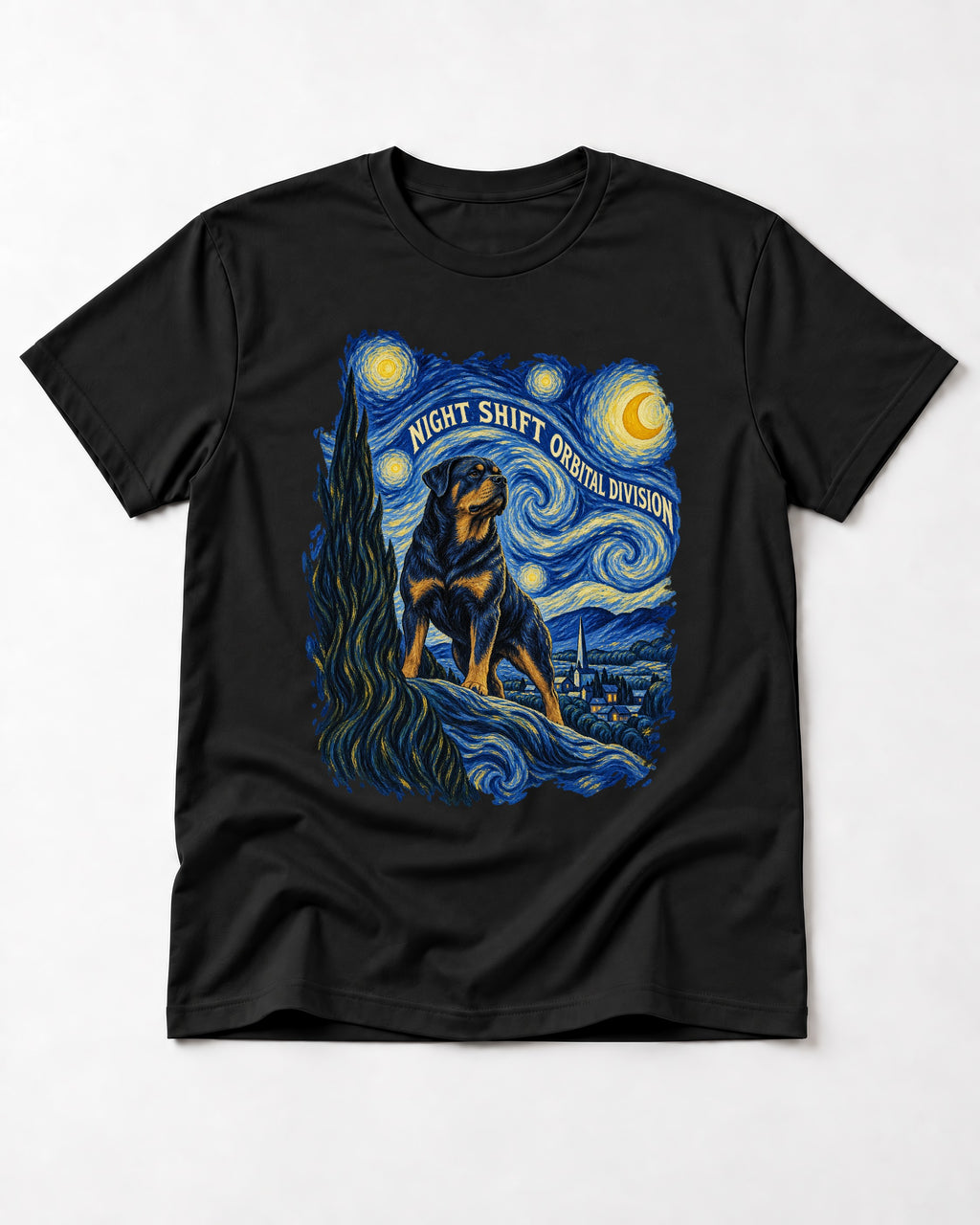 Rottweiler Night Shift Orbital Division Starry Night Graphic T-Shirt in Black, flat lay product photo