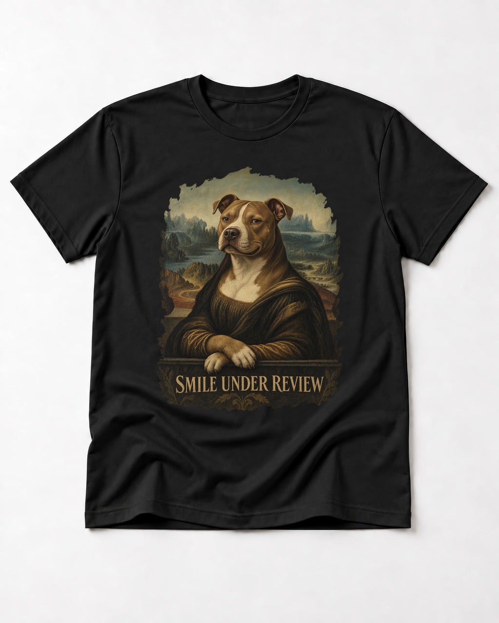 Pitbull Smile Under Review Renaissance Portrait Graphic T-Shirt in Black, flat lay product photo