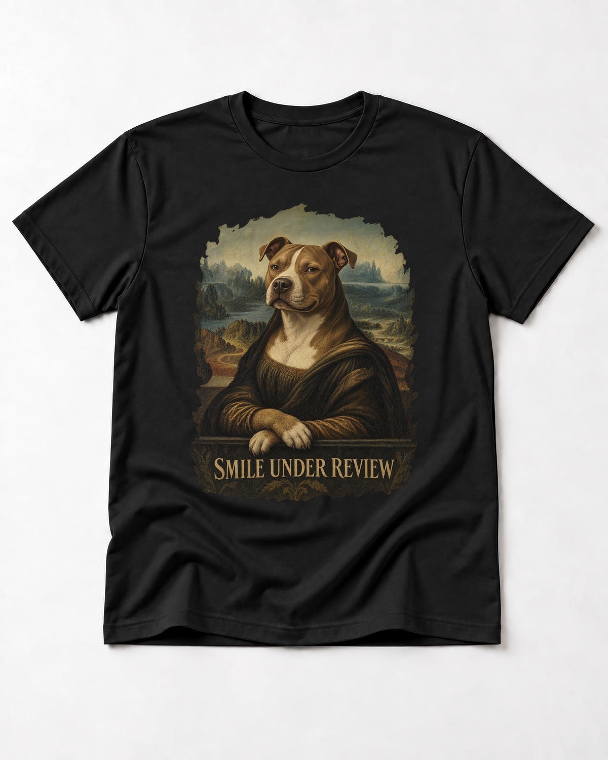 Pitbull Smile Under Review Renaissance Portrait Graphic T-Shirt in Black, flat lay product photo
