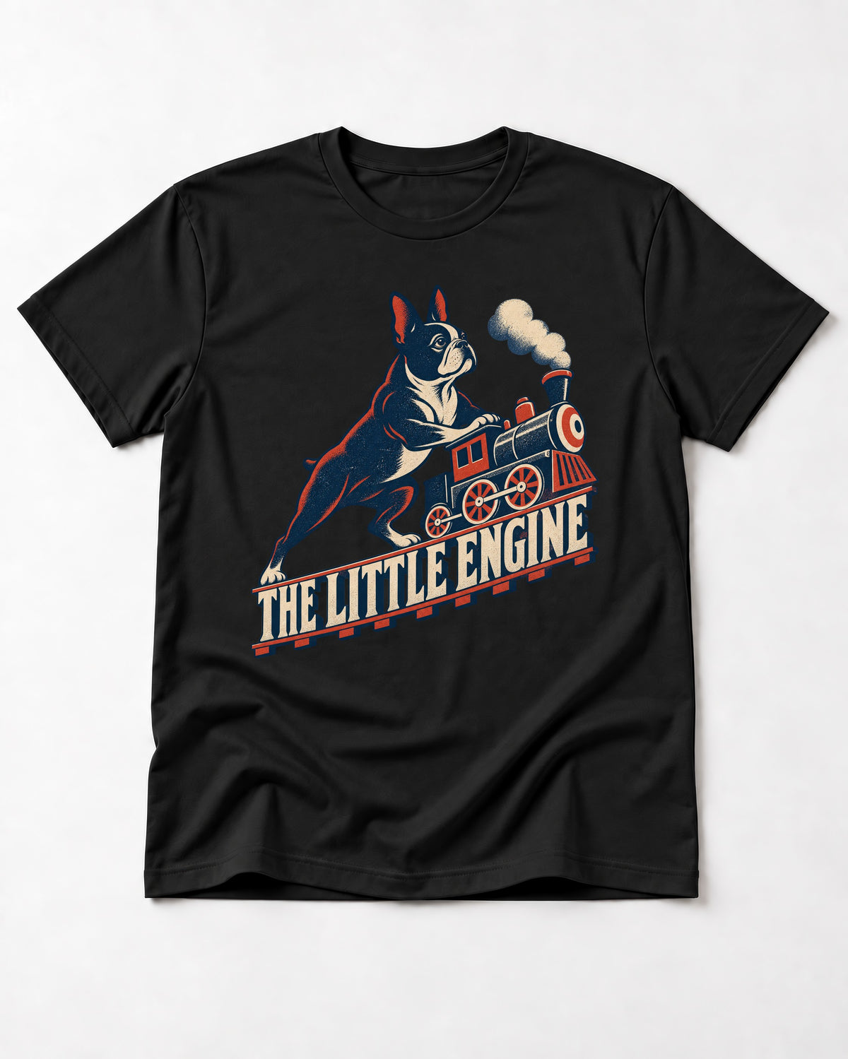 Boston Terrier The Little Engine T-Shirt in Black, flat lay product photo