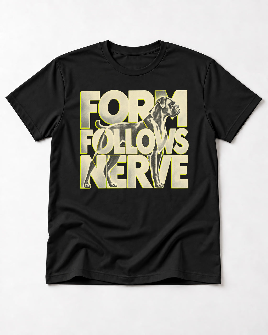 Form Follows Nerve Boxer Typography T-Shirt in Black, flat lay product photo