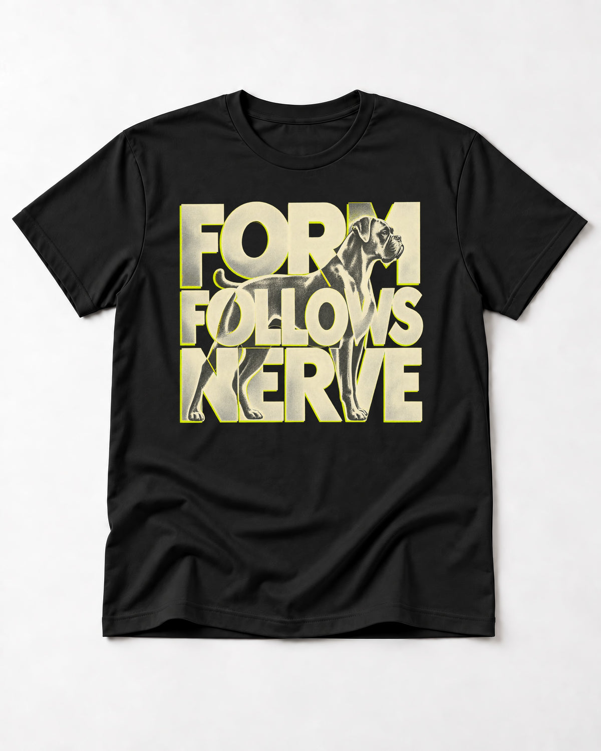 Form Follows Nerve Boxer Typography T-Shirt in Black, flat lay product photo