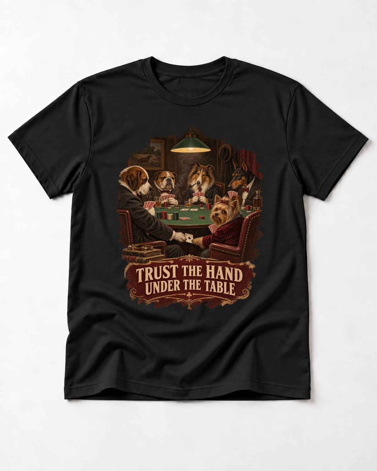 Yorkshire Terrier Trust the Hand Under the Table Poker Dogs Graphic T-Shirt in Black, flat lay product photo