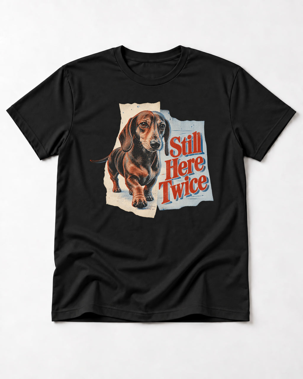 Dachshund Still Here Twice Torn Paper Graphic T-Shirt in Black, flat lay product photo