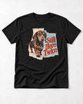 Dachshund Still Here Twice Torn Paper Graphic T-Shirt in Black, flat lay product photo