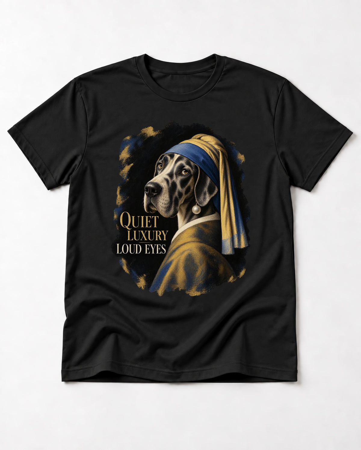 Great Dane Quiet Luxury Loud Eyes Pearl Portrait Graphic T-Shirt in Black, flat lay product photo