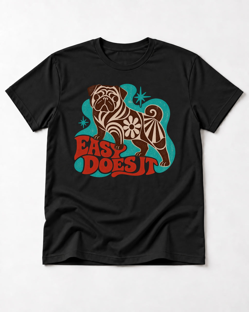 Pug Easy Does It Retro Floral Graphic T-Shirt in Black, flat lay product photo