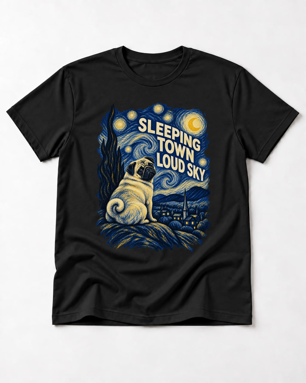Pug Sleeping Town Loud Sky Starry Night Graphic T-Shirt in Black, flat lay product photo