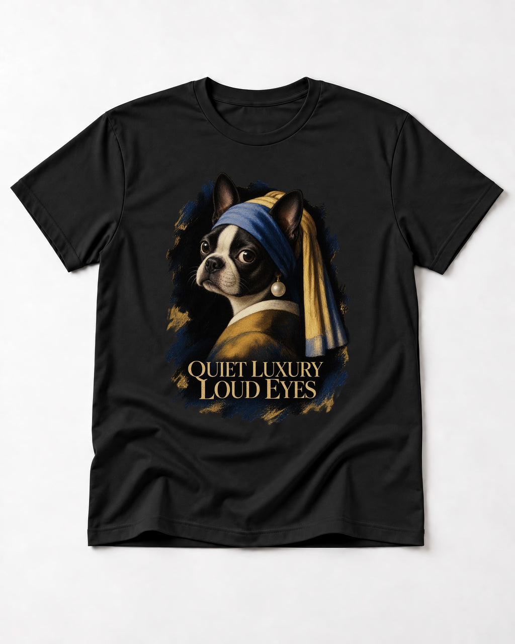 Quiet Luxury Loud Eyes Boston Terrier Pearl Portrait T-Shirt in Black, flat lay product photo