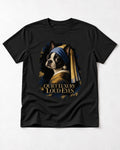 Quiet Luxury Loud Eyes Boston Terrier Pearl Portrait T-Shirt in Black, flat lay product photo
