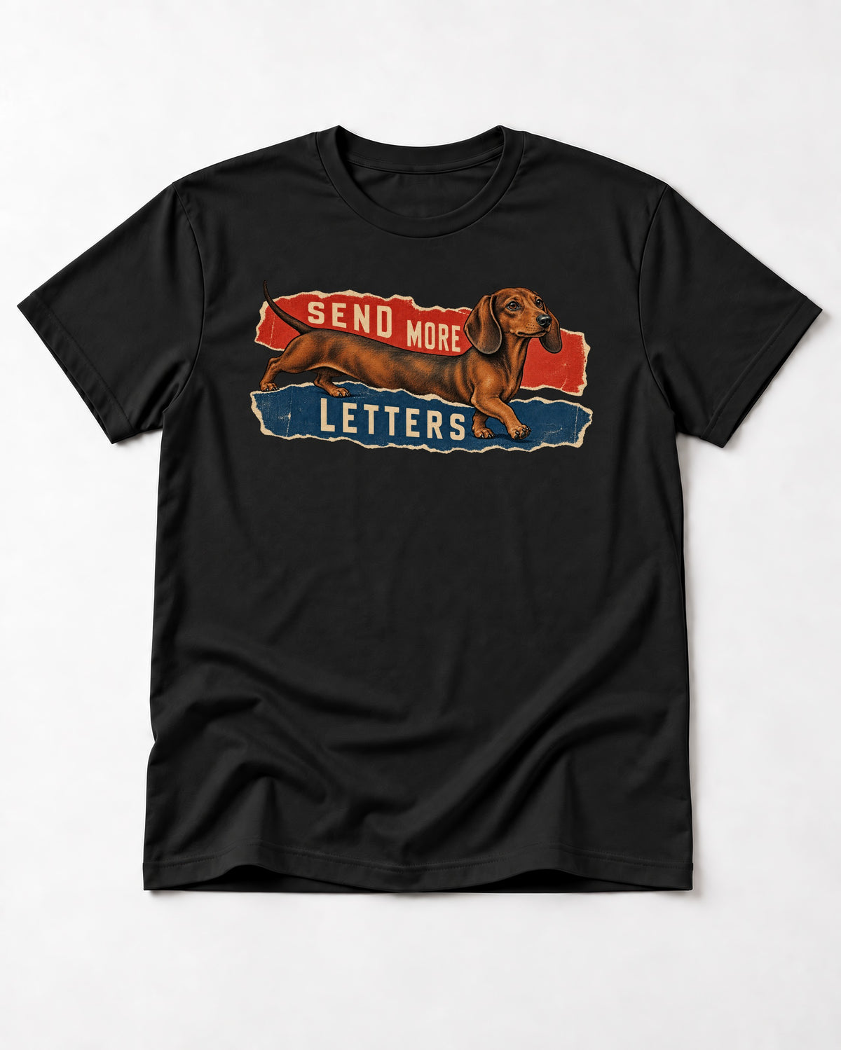 Dachshund Send More Letters Torn Paper Graphic T-Shirt in Black, flat lay product photo