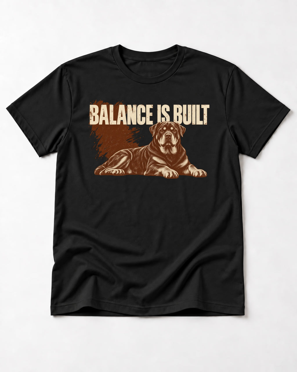 Rottweiler Balance Is Built Resting Strength Graphic T-Shirt in Black, flat lay product photo
