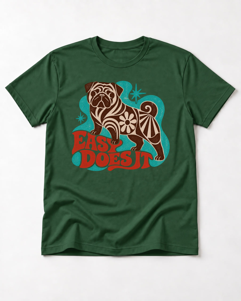 Pug Easy Does It Retro Floral Graphic T-Shirt in Forest Green, flat lay product photo
