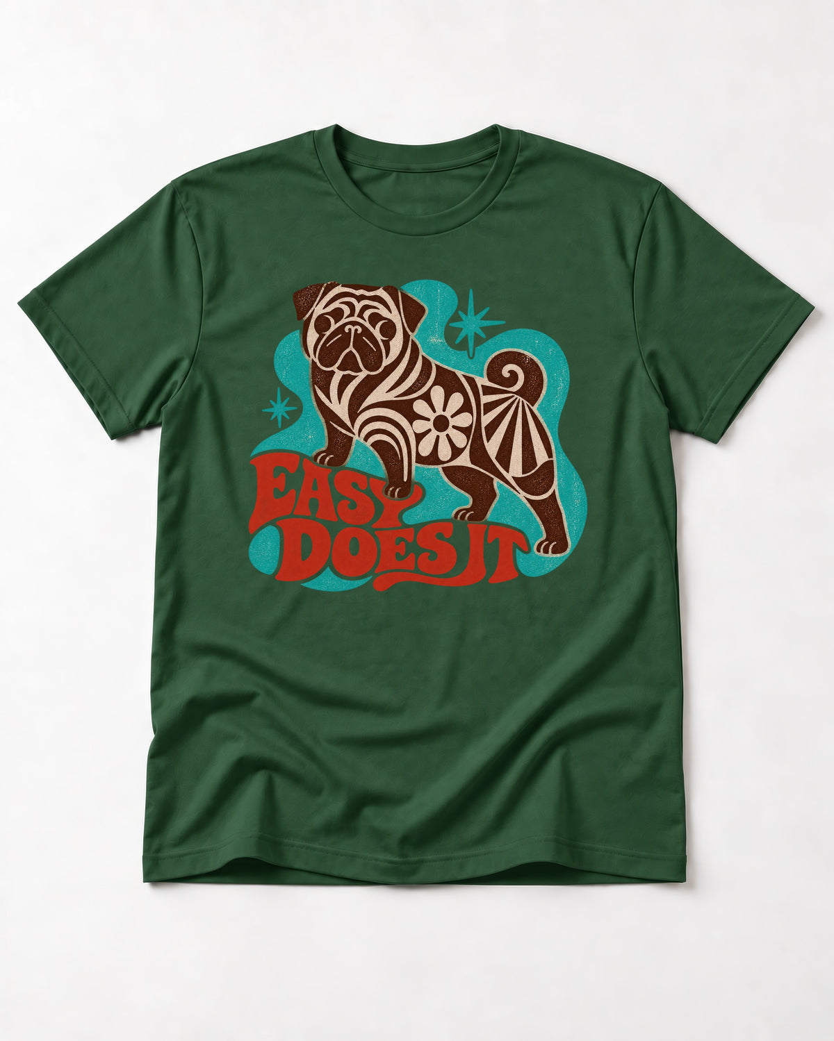 Pug Easy Does It Retro Floral Graphic T-Shirt in Forest Green, flat lay product photo