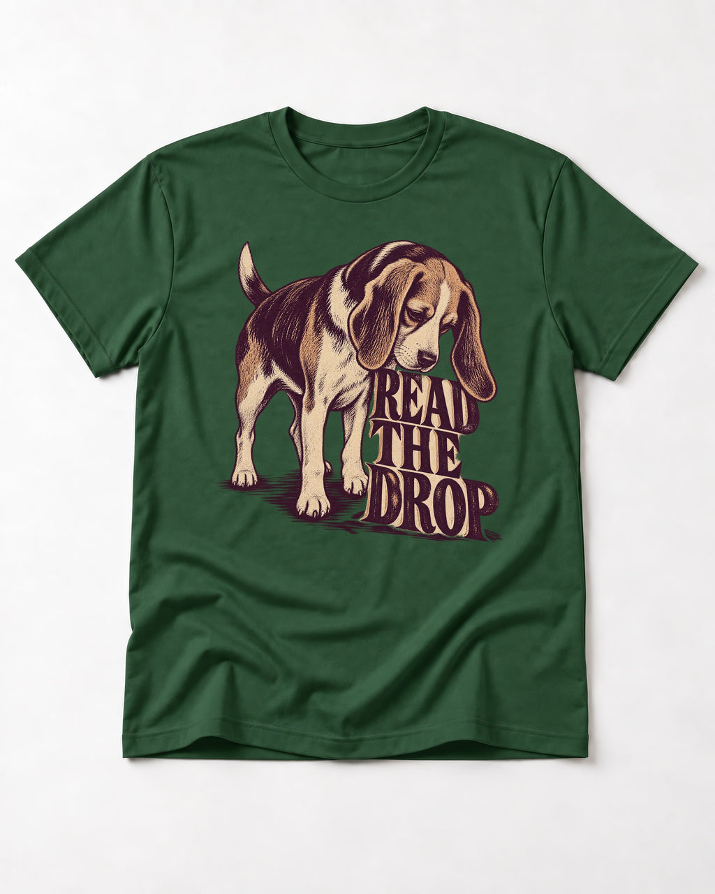 Beagle Read The Drop T-Shirt in Forest Green, flat lay product photo