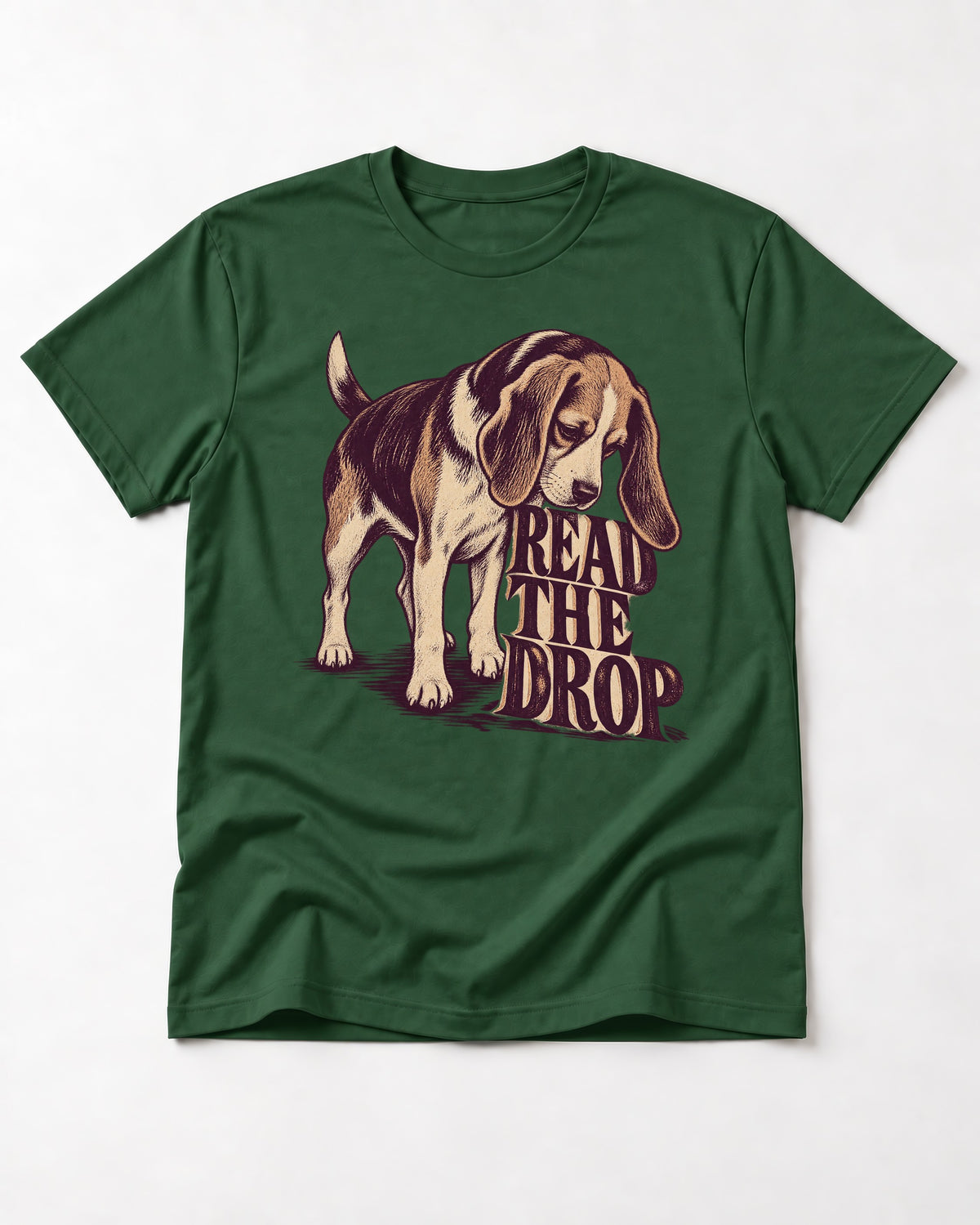 Beagle Read The Drop T-Shirt in Forest Green, flat lay product photo