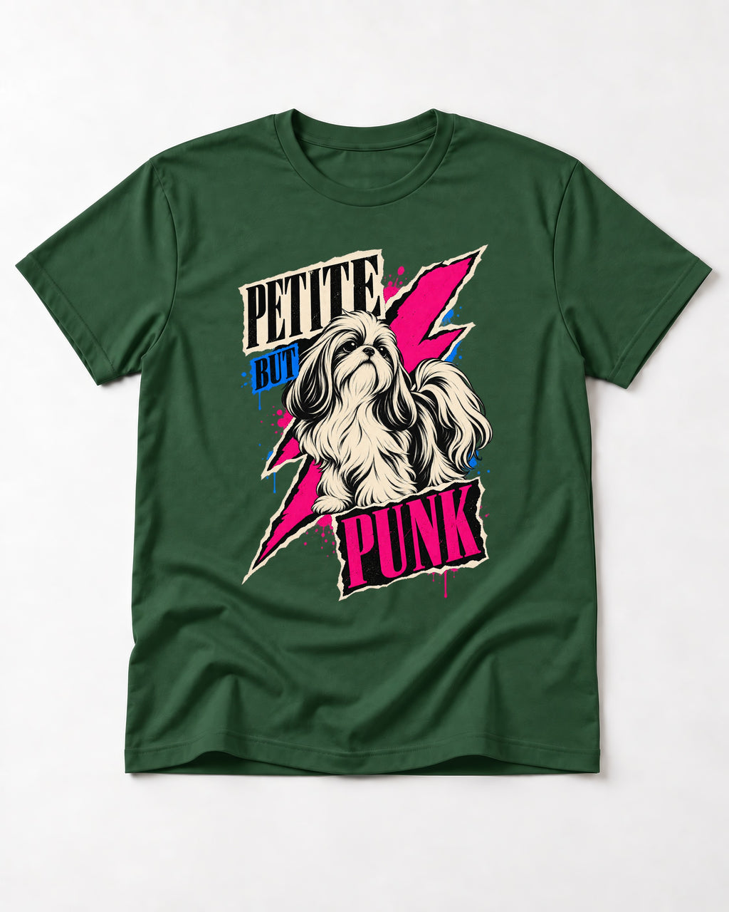 Shih Tzu Petite but Punk Lightning Graphic T-Shirt in Forest Green, flat lay product photo