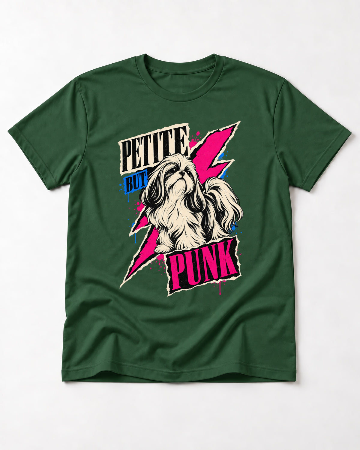 Shih Tzu Petite but Punk Lightning Graphic T-Shirt in Forest Green, flat lay product photo