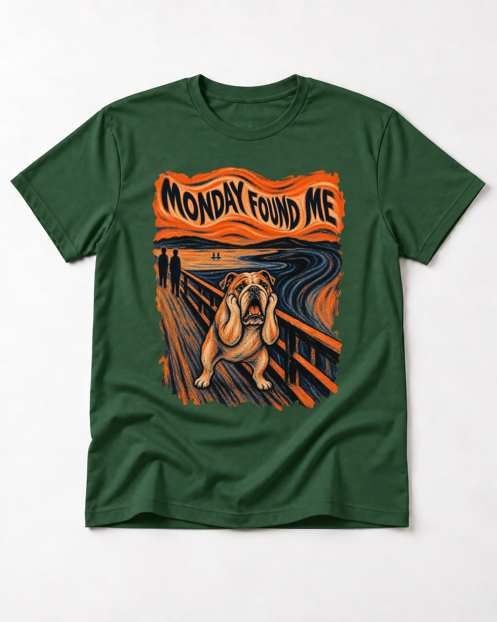 English Bulldog Monday Found Me Scream Graphic T-Shirt in Forest Green, flat lay product photo