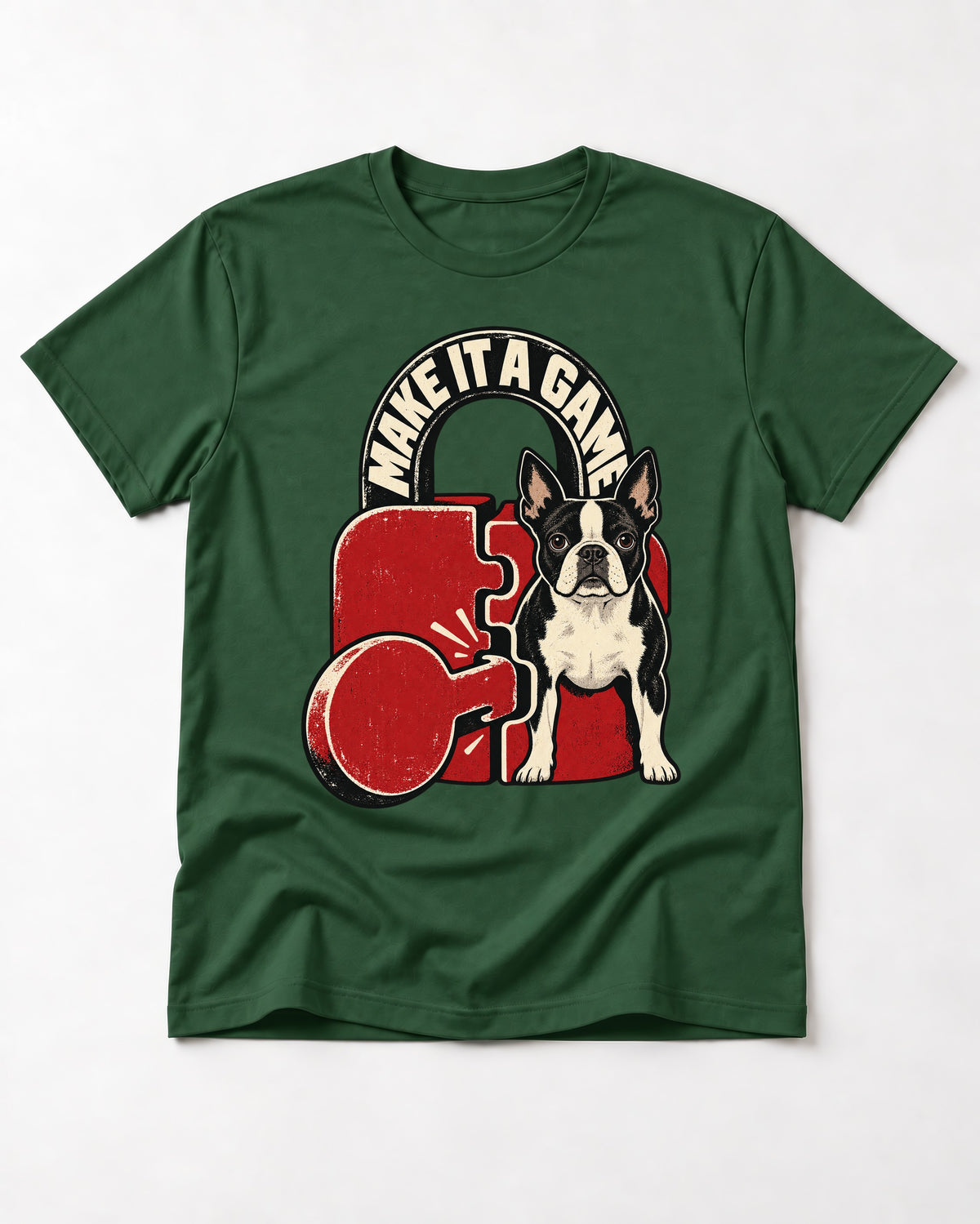 Boston Terrier Make It a Game T-Shirt in Forest Green, flat lay product photo