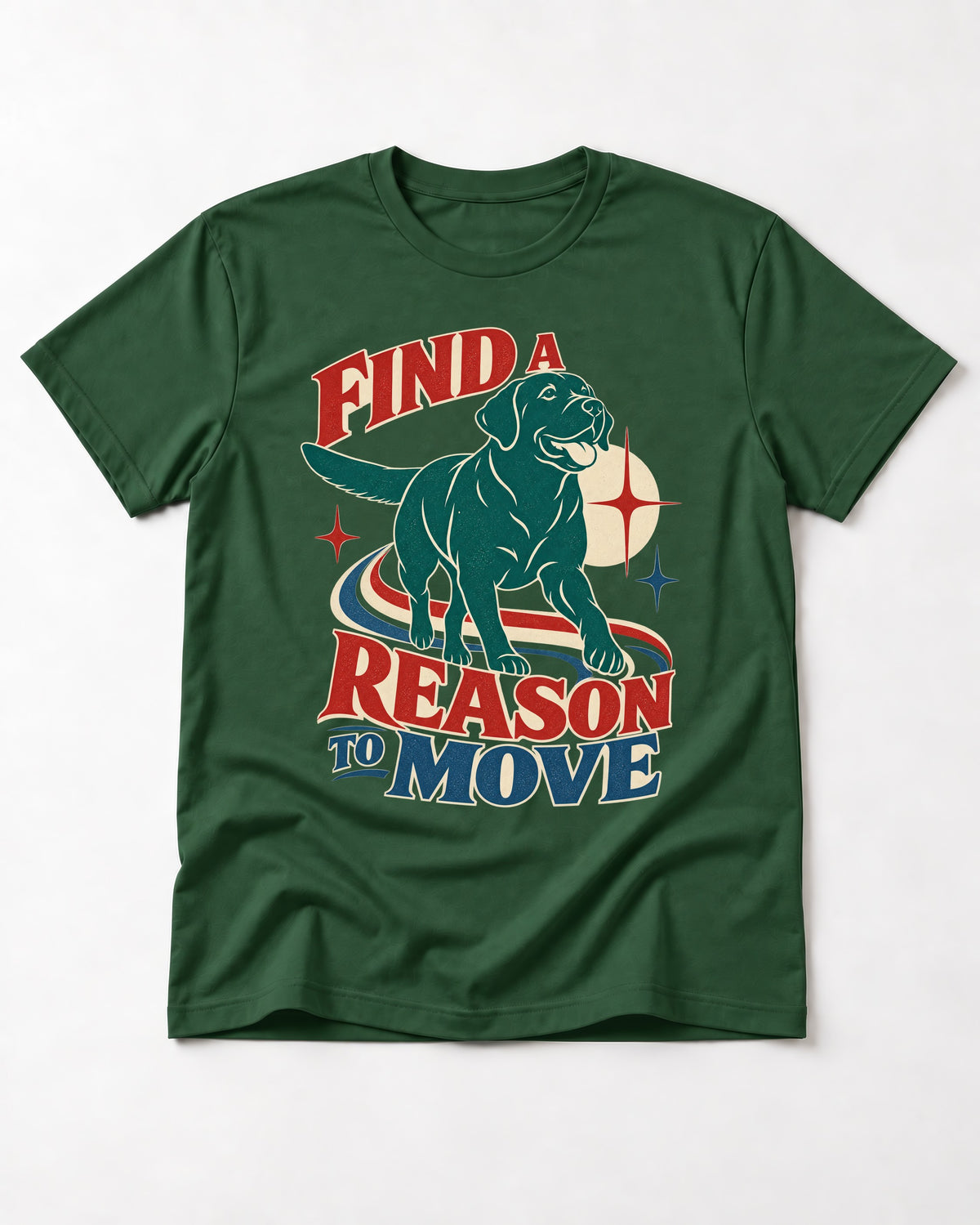Labrador Retriever Find a Reason to Move Retro Dog Graphic T-Shirt in Forest Green, flat lay product photo