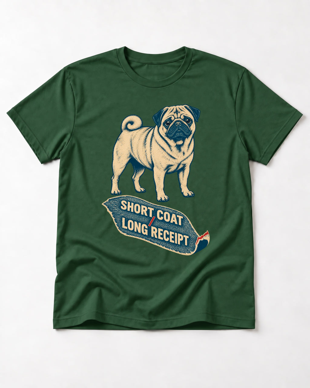Pug Short Coat Long Receipt Graphic T-Shirt in Forest Green, flat lay product photo